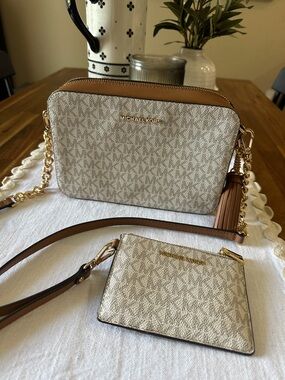 Michael Kors Beige Vanilla Logo Crossbody with Tan Trim and Gold Hardware